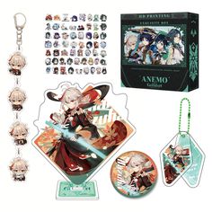 an assortment of anime keychains and magnets are shown in front of a box