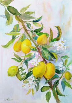 a painting of lemons and flowers on a branch