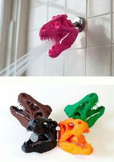 three different types of toy dinosaurs in a bathtub with water coming from the faucet