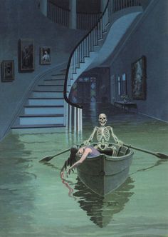 a skeleton sitting on top of a boat next to a woman in a body of water