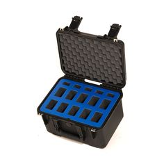 a black case with blue dividers on the inside