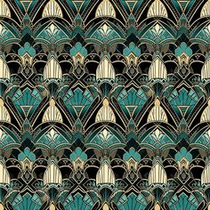 an art deco style wallpaper with blue and green colors, including fan shaped shapes