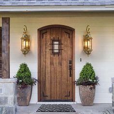 a wooden door with two planters on either side