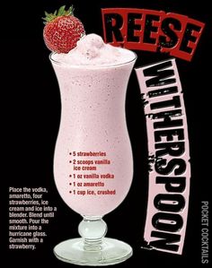 a strawberry milkshake in a tall glass next to a sign that reads reese waterboom