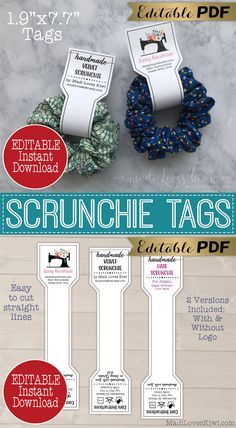 the scrunchie tags are shown in three different colors and sizes, with instructions for