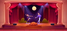 two people are dancing on stage in front of red curtains and spotlights with lights