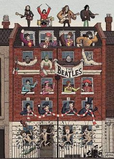 an illustration of the beatles on top of a building with people playing instruments and singing