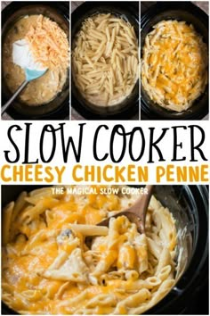 slow cooker cheesy chicken penne recipe in the crock pot with text overlay