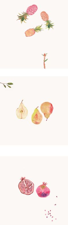 three different stages of the process of painting fruit and vegetables with watercolors on paper