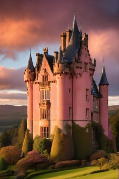 Craigievar Castle's pink walls glow at sunset in this ultra HD photo. Fairytale turrets and Scottish Baronial architecture are on display. The dramatic sky, plateau, and glacier add to the magical scene. A truly enchanting view of Scotland's heritage.