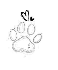 a drawing of a dog's paw with hearts flying out of the top and bottom