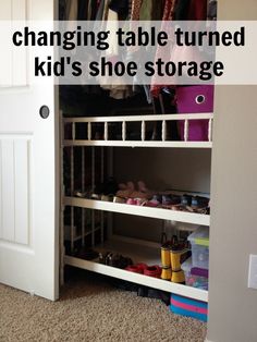 a white shoe storage unit with the words changing table turned kid's shoe storage