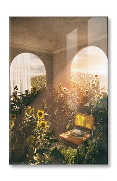 the sun shines through two round windows into a field of sunflowers and a chair