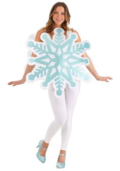 a woman in white and blue snowflake costume