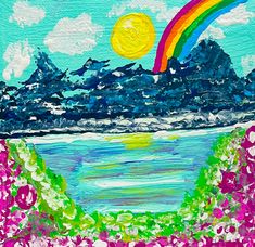 an acrylic painting of a rainbow in the sky over a body of water