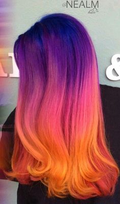 Purple Pink Orange Yellow Hair, Purple And Coral Hair, Neon Ombre Hair, Purple Vivid Hair, Purple And Orange Hair Short, Multi Color Ombre Hair, Purple To Orange Ombre Hair, Pink And Purple Peak A Boo Hair, Purple Sunset Hair