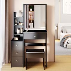 [Designed specifically for small spaces]: This dressing table is designed specifically for small bedrooms. It won't take up too much space, but it can keep all your cosmetics organized. Because it is specifically designed for small spaces, the size cannot be very large. Adults over 5.6 feet tall must carefully choose. Customers who need a larger size dressing table should first check the size to determine if it fits you. [3 colors, brightness adjustable mirror light system]: There is a touch switch on the mirror surface, which can control the mirror lights system. Click on the touch switch you can choose the light color from white light, natural light, and warm light. Long press the touch switch to adjust the brightness of the mirror light. [Includes a padded dressing table stool]: The pac Small Makeup Vanities, Bedroom Vanity Set, Cabinet Vanity, Sliding Mirror, Bedroom Makeup Vanity, Small Vanity, Table For Small Space, Dressing Table Set, Bedroom Vanity