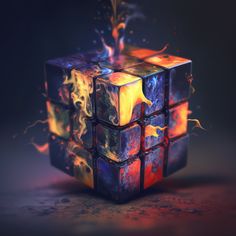 a colorful cube with flames coming out of it's sides on a dark background