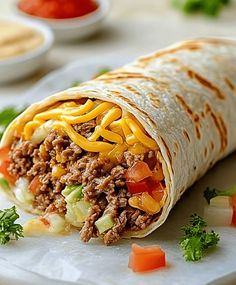 a burrito filled with meat, cheese and veggies on a white plate