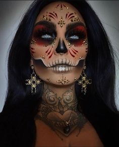 Pretty Skull Halloween Makeup, Scary Pretty Halloween Makeup, Annabelle Doll Makeup Halloween, Sugar Skull Makeup Ideas, Black Light Skeleton Makeup, Skull Teeth Makeup, Mexican Makeup Ideas, Womens Skull Makeup, Catrina Face Makeup