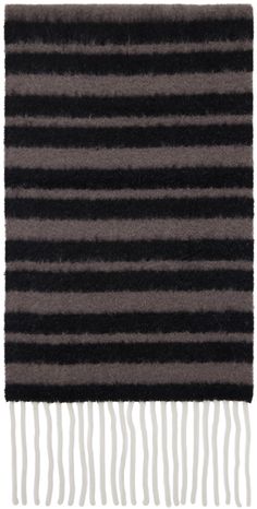 Rectangular brushed knit alpaca- and wool-blend scarf in black and gray. Stripes throughout. · Jacquard logo at face · Fringed detailing at ends · L71 x W11.5 Supplier color: Black Mohair Scarf, Alpaca Scarf, Logo Scarves, Knit Alpaca, Grey Scarf, Gray Stripes, Striped Scarves, Scarf Men, Black And Gray