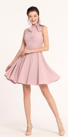 The pretty dusty rose bridesmaid dress features modest high neck with tied bow on the side, simple and elegant cut, above the knee length, zipper on the back. Dusty Rose Bridesmaid Dress, Dusty Rose Bridesmaid, Rose Bridesmaid, Rose Bridesmaid Dress, Pink Dress Outfits, Modest Shorts, Baby Pink Dresses, Dusty Rose Bridesmaid Dresses, Puffy Dresses