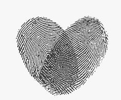 a heart shaped fingerprint with the word love written in white ink on a gray background