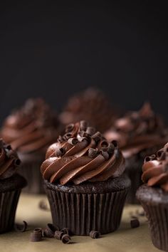 chocolate cupcakes with chocolate frosting and sprinkles on a table