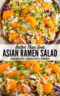 A fresh HEALTHY version of the ridiculously amazing Asian ramen salad made with better, fresher ingredients! With crunchy cabbage coleslaw, mandarin oranges, almonds, and the signature ramen noodles, this oriental salad is ADDICTIVE. The perfect side dish for any potluck! Everyone will be asking for the recipe! #wellplated #ramensalad #asianramensalad Asian Ramen Salad, Cabbage Coleslaw, Asian Ramen, Pasti Fit, Ramen Salad, Ramen Noodle Salad, Asian Rice, Healthy Version, Mandarin Oranges