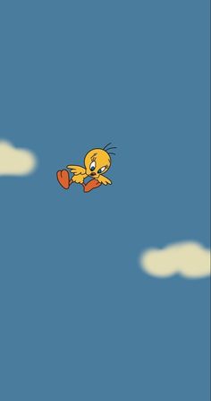 cartoon character flying through the air with clouds in the sky behind him, as if he is trying to catch something