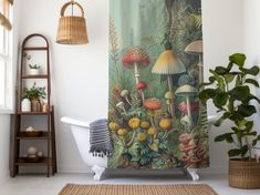 a bathroom with a shower curtain that has mushrooms on it and plants in the background