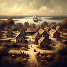 an oil painting of a village by the water with a ship in the distance and people walking around