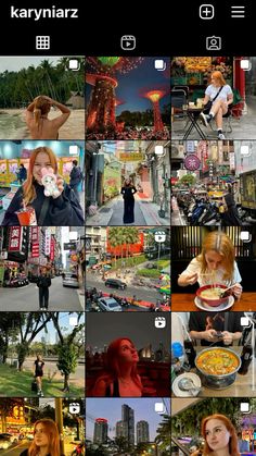 the collage shows many different pictures and people in various places, including one woman with red hair