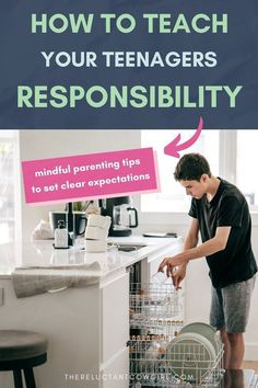 a young man standing in front of a dishwasher with the words how to teach your teenagers responishment