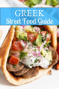 the greek street food guide is open and ready to be eaten with text overlay