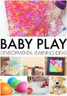 a collage of baby play activities including toys and crafts