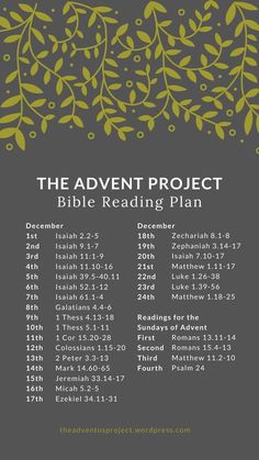 the adventure project bible reading plan with green leaves on grey and yellow background, including dates