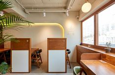 an office with wooden desks and plants in the corner, along with large windows