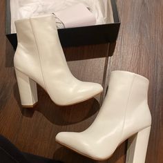 All White Brand New Never Worn Size 7 White Comes With Box Pleather White Heels Boots, White High Heel Faux Leather Boots, White Faux Leather High Heeled Boots, Trendy White Square Toe Heeled Boots, White Faux Leather Square Toe Heeled Boots, White Faux Leather Heeled Boots With Square Toe, Chic White Closed Toe Heeled Boots, Trendy White Heeled Boots With Block Heel, Trendy White Faux Leather Heeled Boots