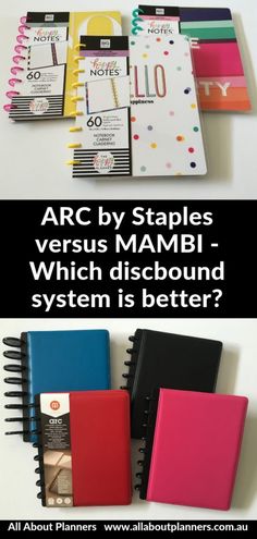 several notebooks with different colored covers on them and the words arc by staples versus mambi which is better?