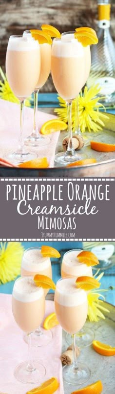 pineapple orange mimosa cocktail is served in wine glasses