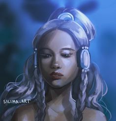 a digital painting of a woman with braids and headphones in her hair, looking to the side