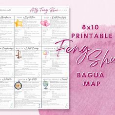 a pink watercolor background with the text 8x10 printable ferry ship bagua map