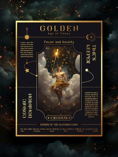 Night sky, Cronus information card, Graphic design illustration for book, Golden Text. Greek God Graphic Design, Golden Graphic Design, Royal Poster Design, Regal Graphic Design, Sky Poster Design, Frasurbane Poster, Greek Design Graphic, Zodiac Graphic Design, Greek Mythology Graphic Design