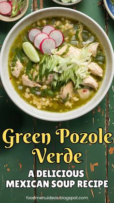 green pozole veroe soup in a white bowl