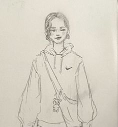 a drawing of a woman with a bag on her shoulder