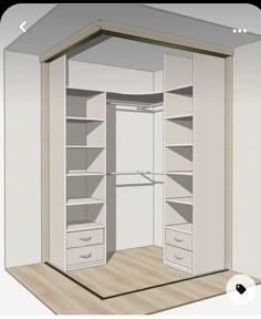 an open closet with shelves and drawers on the floor, in front of a white wall