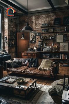 a living room filled with furniture and a brick wall behind the couch is a book shelf