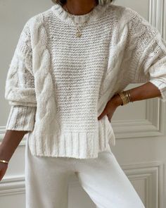 Splendid x Cellajaneblog Cashblend Cable Knit Sweater | Splendid Shoulder Cable, White Cable Knit Sweater, Sweater Layering, Cable Knit Jumper, Cardigan Sweaters For Women, Chunky Knits Sweater, Chunky Sweater, Cable Knit Sweater, On Repeat