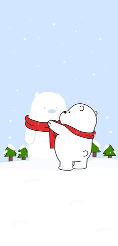 a polar bear holding onto a red scarf